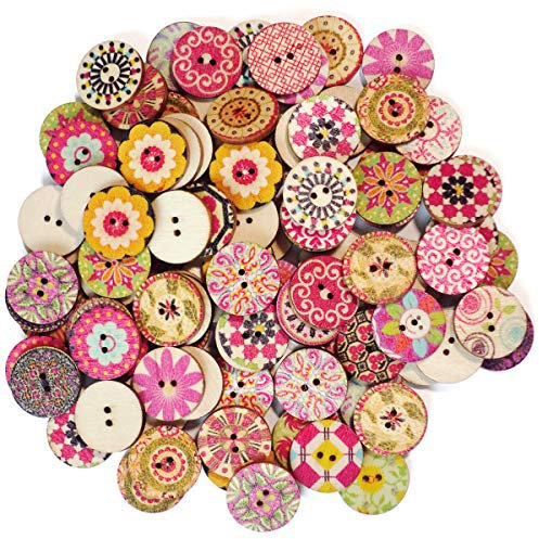 100 bunte Vintage Knöpfe aus Holz, rund, Ø 20 mm, 2 Löcher, in über 20 verschiedenen bunten Mustern
