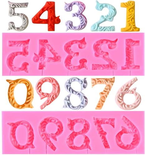 OBTANIM Silicone Number 0-9 3D Embossed Fondant Chocolate Mold with Stick Hole for Birthday Cake Decorating DIY Baking