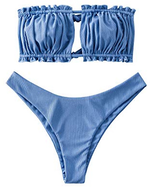 ZAFUL Set Bikini Due Pezzi da Donna, Bandeau Arricciato a Coste Senza Spalline Reggiseno Imbottito Natural Waist Briefs
