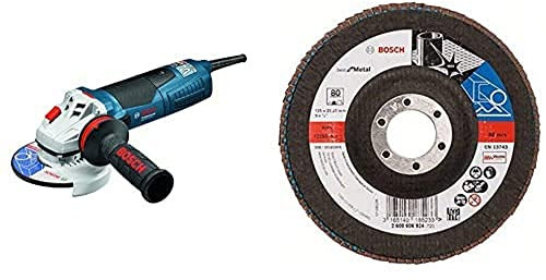 Bosch Professional Winkelschleifer GWS 19-125 CIE 125 mm (KickBack-Stop, im Karton) + Fächerschleifscheibe (verschiedene Materialien, bombierte Ausführung, Ø 125 mm, Körnung 80)