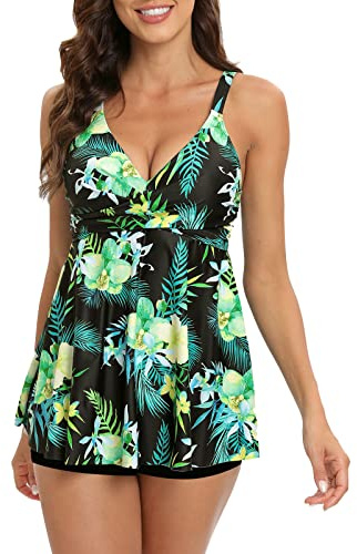 Adigaber Women Two Piece Bathing Suit Top Cross Floral Printed Swim Dress Tummy Control Tankini with Boyshorts,Green Flower,L