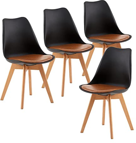 EGGREE Lot de 4 Chaises Salle à Manger Scandinaves SGS Tested Chaises de Cuisine Rembourrée en Cuir PU Chaise de Bureau Con Pieds en Bois de Hêtre Massif, Noir & Marron
