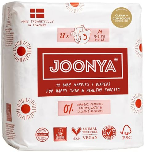 Joonya Baby Diapers, Size 3 M (9-18 lb) - 1 Bag of 28 - Non Toxic, Eco-Friendly, High Absorbency, Overnight Use, Ultra Slim & Soft - Made in Denmark