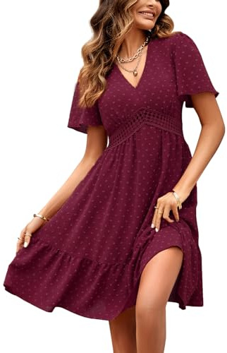 JENJON Femme Robe de Eté Col en V Elégant Pois Volants Taille Haute Manches Courtes Décontractée A-Ligne Mini Robes