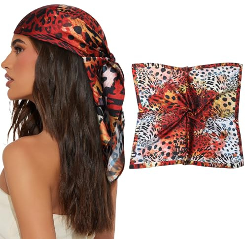 AWAYTR 27.5” Square Satin Head Scarf Hair Scarf for Women's Hair Silk Bandana for Women Silk Head Wrap for Sleeping (Leopard (Reddish Brown))