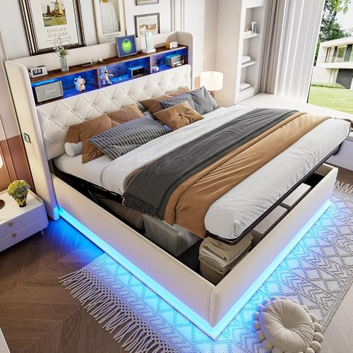 Autheria Letto Matrimoniale con Contenitore 180x200 cm con LED e USB Type C, Letto una piazza e mezza con Vano Portaoggetti e Testiera,Contenitore con rete a doghe Struttura