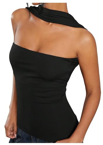 Top da donna increspato senza spalline a tubo con scollo all'americana aperto sul retro slim fit camicie a fascia, top a spalla aperta per le donne top halter, Nero , M