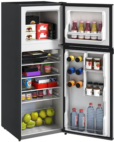 HOMCOM 4 Cu.Ft Mini Fridge with Freezer, Double Door Compact Refrigerator with Adjustable Thermostat, Shelf and Reversible Door for Bedroom, Dorm, Home Office, Energy Efficient, Black