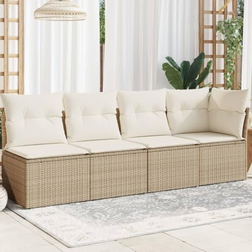 IKAYAA Gartensofa 3-Sitzer Balkon Couch Lounge Sofa Balkon Lounge Klein Balkonmöbel Rattansofa Outdoor Sitzbank Gartenmöbel Set 4-Sitzer Beige und Creme