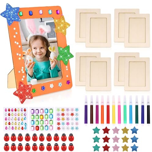 8 Pieces Wooden Picture Frame Craft Kit for Painting, DIY Picture Frame Craft Kit with 3 Different Rhinestones, 3D Foam Star and Ladybird Stickers, Blank Frame for Painting for Kids