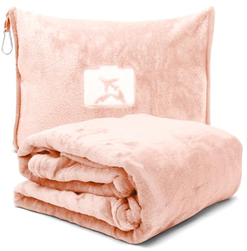 Manta de viaje 2 en 1 y almohada de viaje con cremallera, almohada multifuncional, suave y cálida, manta de avión, manta compacta para avión, coche, oficina, 127 x 152 cm, rosa nude