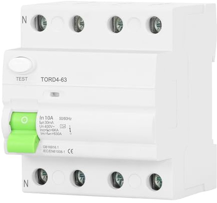 Disjoncteur différentiel triphasé, type A, 10 A 30 mA 400 V, montage sur rail DIN, pour systèmes électriques résidentiels et industriels.