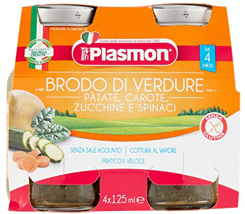 Plasmon Brodo di Verdure Patate, Carote, Zucchine e Spinaci 125ml 4 Vasetti Ideale per tutta la famiglia, 4 verdure scelte