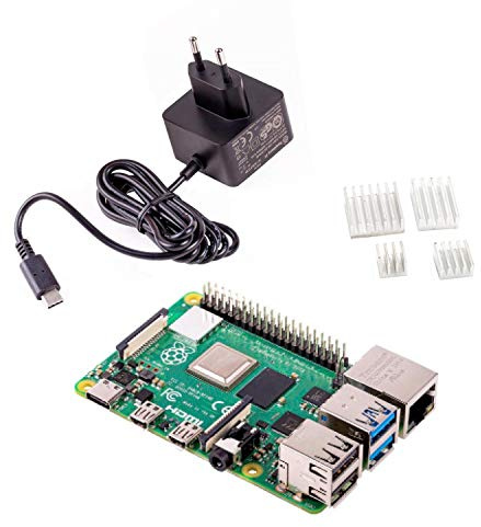 Raspberry Pi 4 Modell B 4GB RAM Komplett-Set mit offiziellem USB-C Netzteil und 4-teiliger Aluminium Kühlkörper Set – Quad-Core 1,5 GHz, Dual 4K HDMI, WLAN, Bluetooth, Gigabit Ethernet, USB 3.0