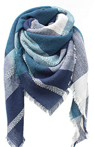 Tybiky Bufanda para mujer, a cuadros, muy grande, cálida, de punto, a cuadros, XXL, para invierno, otoño, lana, para mujer, para el cuello, poncho azul Talla única