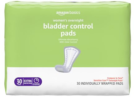 Amazon Basics Incontinence Pads for Women, Postpartum Pads, Bladder Control, Overnight Absorbency, Fresh Protection, Unscented, 30 Count