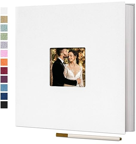 Vienrose Photo Album Self Adhesive Book with Window 60 Pages 33x32cm White | Linen Cover, Scrapbook Album, 4X6 8X10 Photos, Metallic Pen, Wedding Baby Travel