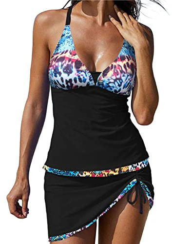 riou Trajes de baño Tankini de 2 Piezas para Mujer Falda de Natación Bañadores Reductores Bikini Vest y Short Conjunto de Bañador Niña Beachwear Originales Blanco Negro