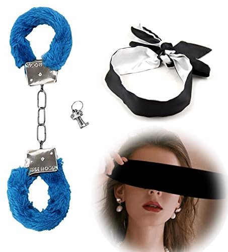 Metal Handcuffs with 2 Keys,Satin Blindfold Fluffy Handcuffs Play Toy,Cosplay Costume Props for Cosplay,Handcuffs Prop Dress Ball Party (Red) (Blue)