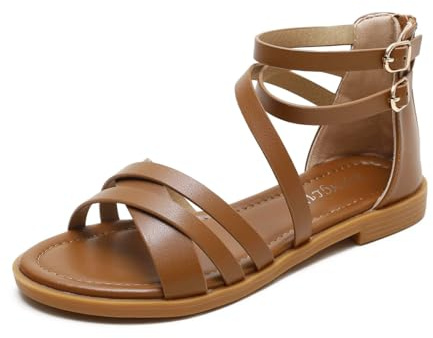 AUXDIQ Sandalias planas con tiras para mujer Sandalias con tiras en el tobillo Sandalias romanas de verano de tacón bajo ajustables Marrón 40 EU