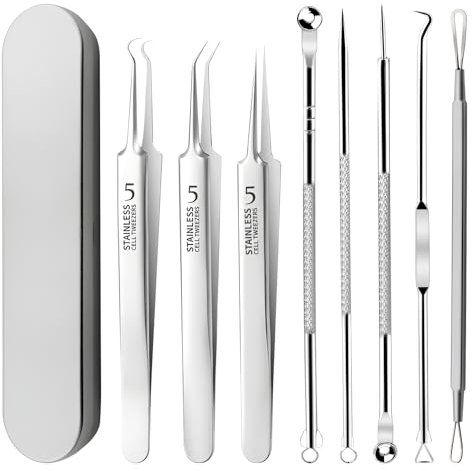 ZSMJAER 8 Stücke Mitesserentferner Komedonenquetscher Kit,Werkzeug zur Entfernung von Akne und Mitessern aus Edelstahl für Gesichtsfehler,Geeignet für Frauen und Männer