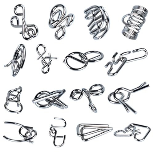 Qanmua 16 Stück Knobelspiele Set, 3D Brainteaser Metall Puzzle IQ Spiele Set Geduldspiele für Kinder und Erwachsene