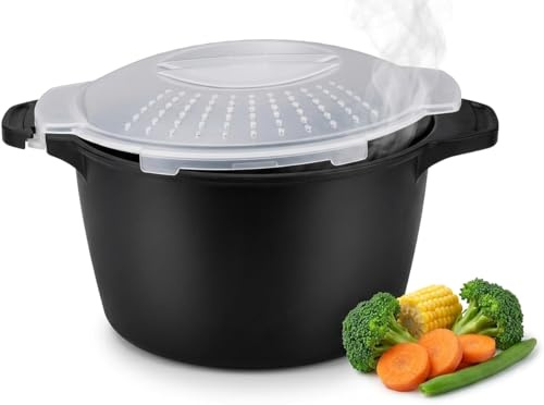 Microwave Vegetable Steamer & Rice Cooker Bowl with Locking Lid – 2 Quart No Spill Microwave Cookware Container, BPA Free, for Steaming Veggies, Meal Prep & Reheat