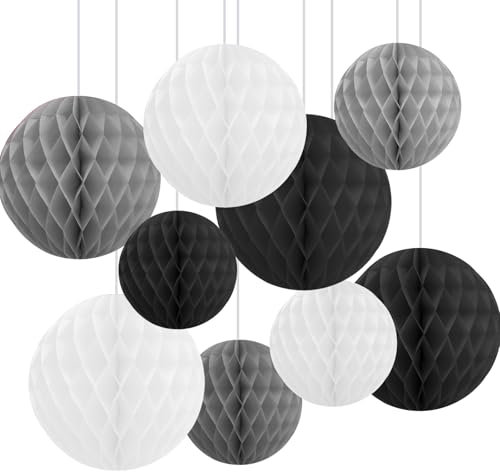 9 Pack Tissue Paper Honeycomb Balls, Poms Birthday Baby Shower Wedding Decorations (Grey Black Shade)