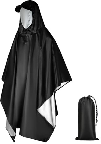 ZONGHUN Regnponcho vuxen vattentät regnrock återanvändbar nödponcho för män kvinnor med huva för vandring, camping, utomhusaktiviteter svart, Applicera silver-svart, L