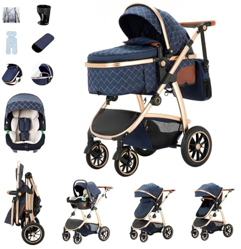 Zkiprm Baby Stroller 3-in-1, Travel System Includes Car Seat, Pushchair and Pram, Compact Stroller with Adjustable Armrests, Impact Protection, Landscape High Aluminum Frame