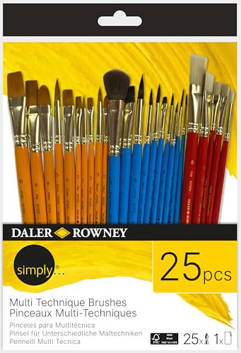 Daler-Rowney Simply Mixed Media Brush Set, 25 Pieces, Short Handle, Watercolour, Acrylic, Mixed Media, Oil Painting, Art Tools, For Entry-Level Artists & Hobbyists