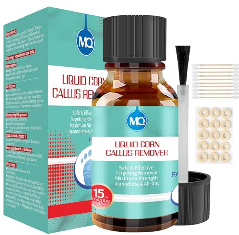 MQ Professional Corn & Callus Remover Liquid for Feet & Toes – Fast Acting for Corn Removal, Hard Skin & Dead Skin – Includes 15ML Solution + 15 Cushions + 10 Swabs – Effective Foot Care Solution
