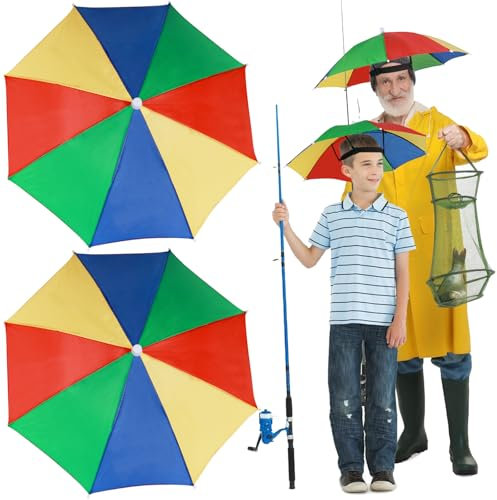 Realure 2 Pcs Head Umbrella Hats with Elastic Bands, Rainbow Funny Umbrella Hat, Mini Portable Hands Free Fishing Caps, Outdoor Sun Rain Hat for Women, Adult & Kids