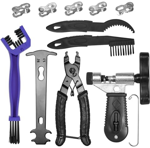 KNJOMZIE Kit de réparation de chaîne de vélo, dérive-chaîne avec brosse de nettoyage, pince à chaîne et 5 paires de rivets, pour chaînes 6 à 12 vitesses