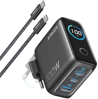 Anker Cargador USB C 100 W, Cargador de Pared GAN Compacto de 3 Puertos, Pantalla Inteligente, Control por Toque, Compatible con MacBook, iPad, Series iPhone 17/16/15