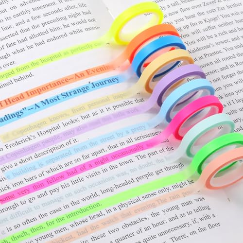 LXUEJIE 10 Rollen Highlight Strips Haftnotizen, Abnehmbare Fluoreszierende Transparentes Klebeband Farbiges Klebezettel Klein Textmarker Klebeband für Notizen Bücher Lesen (5M/Rollen)