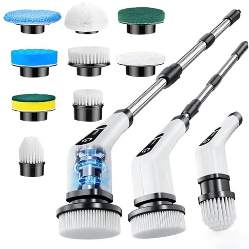 Cordless Electric Spin Scrubber, 9-in-1 Power Cleaning Brush with 9 Replaceable Heads, 100 Min Runtime, IPX7 Waterproof, Extendable Long Handle up to 1.3m for Bathroom Kitchen Tile Floor Car