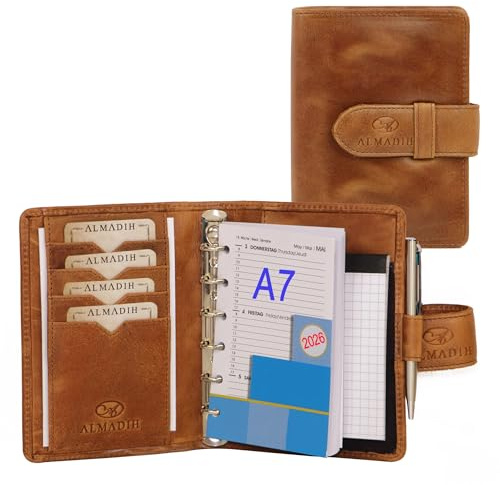 ALMADIH Leder A7 Terminplaner Kalender 2026 Notizblock Premium Rindsleder BD in Geschenkbox Ledermappe Mappe Schreibmappe Organizer Terminkalender Ringbuch Pocket Kompakt braun (A7 Term deluxe)