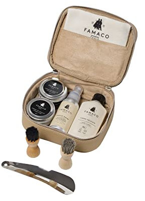 Famaco Trousse Evasion - Entretien Chaussures Cuir lisse, Daim Nubuck - Coffret Cadeau - 2 Pommadiers cuir, 1 Crème Délicate Cuir, 2 Brosses Spéciales, 1 Spray Daim, 1 Chamoisine, 1 Chausse-Pied