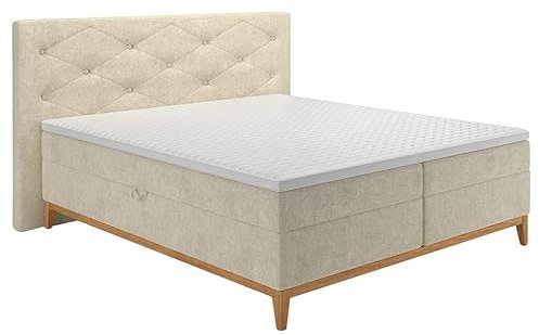 Meubletmoi Pack lit boxspring 180x200 cm Tissu Doux écru avec Coffre + tête de lit + Matelas + surmatelas - Sky