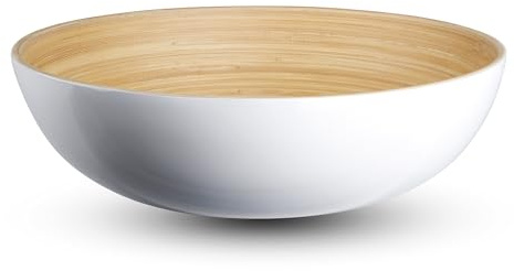 LEXA 12 Handmade Bamboo Salad Bowl – 130 oz Large Wooden Fruit Bowl for Kitchen Counter, White