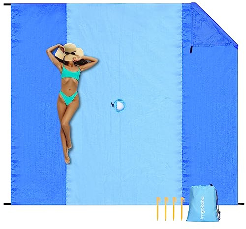 imgokaha Beach Blanket with Umbrella Hole, Large Beach Blanket Waterproof Sandproof, Comfortable Nylon Beach Mat Lightweight with 4 Stakes & 4 Corner Pockets Blue 7FT