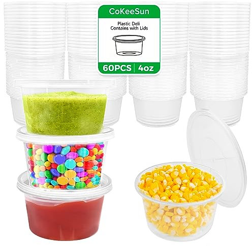 CoKeeSun 60 Pièces Boite Plastique Alimentaire avec Couvercle Reutilisable, 100ml Pots a Sauce Rondes, Transparent Boîte à Emporter Pour Salades, Condiments, Slime, Crèmes, Passe Au Micro-Ondes