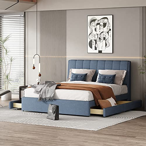 Dolamaní Stauraumbett Polsterbett 140 x 200 cm, Doppelbett Jugendbett mit Schubladen & Rückenlehne, Lattenrost aus Holz, Leinen, Blau