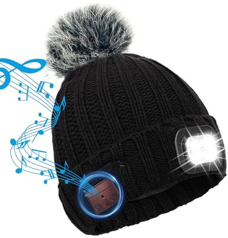 TAGVO Bonnet Bluetooth 5.2 avec LED Lampe Femmes, Rechargeable par USB Musical Running Chapeau Lumineux, Casquette éclairée Tricoté Chaud d'hiver pour Camping Randonnée Cyclisme, Cadeaux Techniques