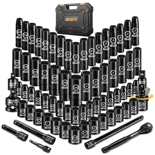 BOEN 1/2 Drive Impact Socket Set, 72 Piece Standard SAE (5/16-1-1/4) & Metric (8-24 mm), Deep & Shallow Kit | Includes Ratchet Handle & Adapters | 3 , 5, 10 Extension Bar