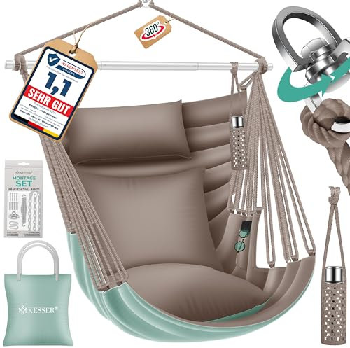 KESSER® Hängesessel Haiti 150kg Traglast, Hängestuhl 360° Drehung, Hängeschaukel Indoor-Outdoor UV-beständig & Wasserfest, Pflegeleicht, Inkl. 2 Kissen, Tragetasche, Flaschenhalter & Montage-Set