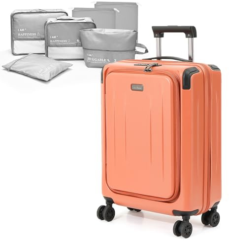 Carry On Luggage, 20 Inch Top Opening Aluminum Frame Lightweight Airline Approved ABS+PC Hard Shell Suitcases with Silent Wheels, TSA Lock, Front Pocket & Wet-dry Separated Six-piece Set (AD Orange)