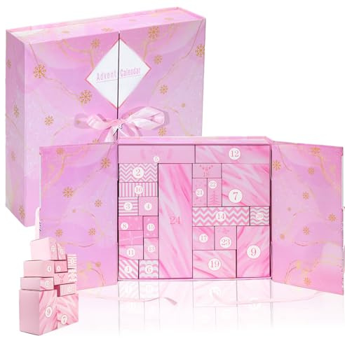 Calendario de Adviento 2025 para Rellenar - 24 Cajas de Cartón Reutilizables con Motivos Navideños - Kit DIY para Golosinas o Pequeños Regalos - Decoración Navideña para Familias y Niños (Rosa)