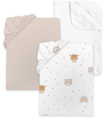 Herding babybest Spannbettlaken-Set, Little Friends, 3-teilig, 2X Spannbettlaken, 1x Matratzenschoner (100% wasserdicht), Für Kinderwagen und Wiege, ca. 35x75 cm